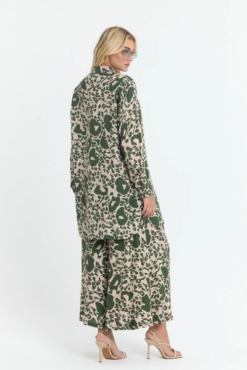 Haki Çiçek Desenli Uzun Tunik Ve Pantolon Dokuma Viscon Alt Üst Takım BCVL-25V053-2