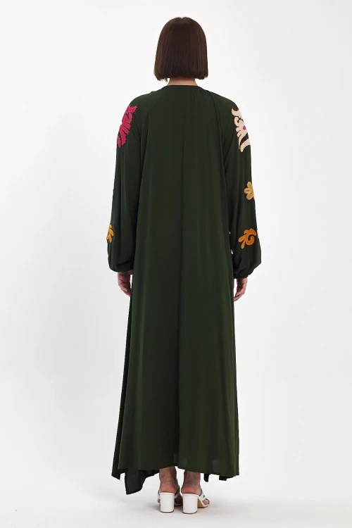 Maxi Boy Haki Hakim Yaka Nakış İşlemeli Uzun Dokuma Elbise BCVL-24915