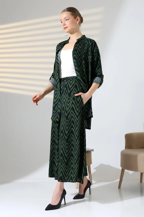 Haki Hakim Yaka Zigzag Desenli Gömlek Ve Pantolon Dokuma Alt Üst Takım BCVL-25V053-1