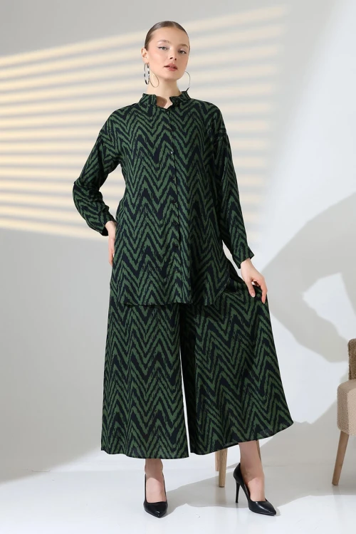 Haki Hakim Yaka Zigzag Desenli Gömlek Ve Pantolon Dokuma Alt Üst Takım BCVL-25V053-1