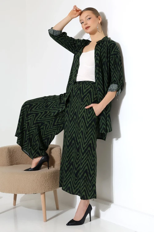 Haki Hakim Yaka Zigzag Desenli Gömlek Ve Pantolon Dokuma Alt Üst Takım BCVL-25V053-1