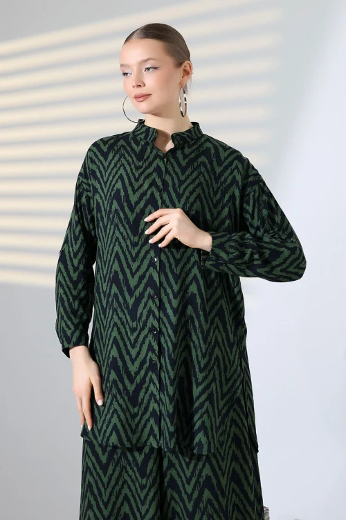 Haki Hakim Yaka Zigzag Desenli Gömlek Ve Pantolon Dokuma Alt Üst Takım BCVL-25V053-1