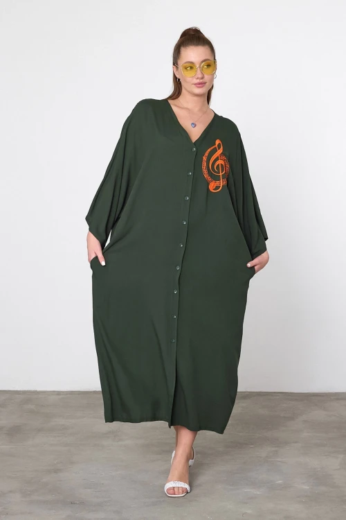 Maxi Boy Haki Nakış İşlemeli Dokuma Viscon Elbise BCVL-25V050