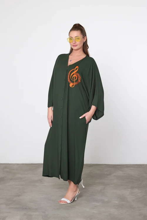 Maxi Boy Haki Nakış İşlemeli Dokuma Viscon Elbise BCVL-25V050
