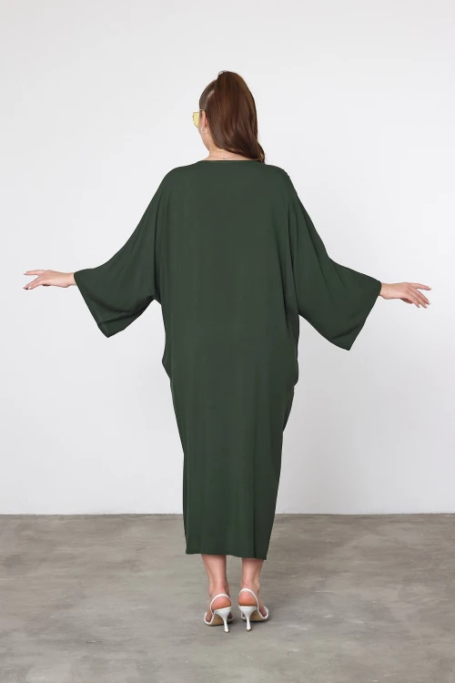 Maxi Boy Haki Nakış İşlemeli Dokuma Viscon Elbise BCVL-25V050
