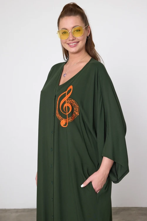 Maxi Boy Haki Nakış İşlemeli Dokuma Viscon Elbise BCVL-25V050