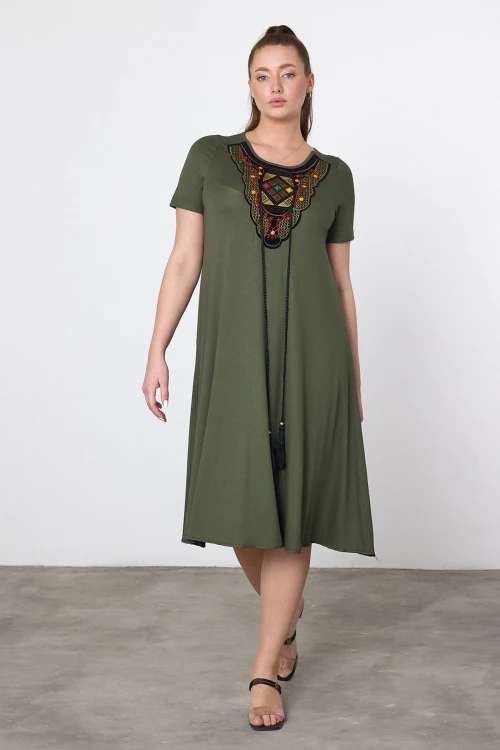 Maxi Boy Haki Nakış İşlemeli Örme Viscon Elbise BCVL-25V22
