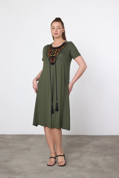 Maxi Boy Haki Nakış İşlemeli Örme Viscon Elbise BCVL-25V22