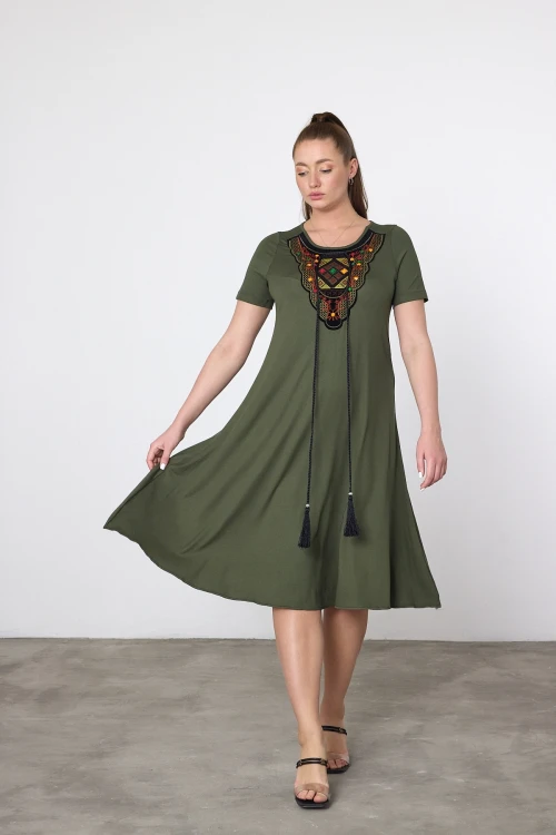 Maxi Boy Haki Nakış İşlemeli Örme Viscon Elbise BCVL-25V22