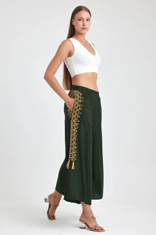 Maxi Boy Haki Nakış İşlemeli Rahat Kalıp Şalvar Pantolon BCVL-25929