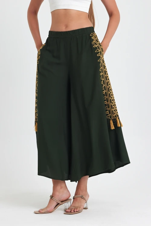 Maxi Boy Haki Nakış İşlemeli Rahat Kalıp Şalvar Pantolon BCVL-25929