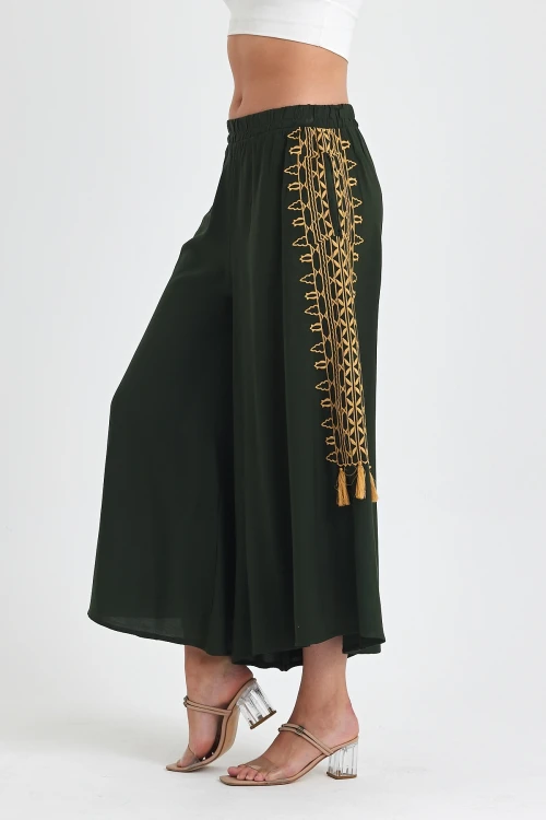 Maxi Boy Haki Nakış İşlemeli Rahat Kalıp Şalvar Pantolon BCVL-25929