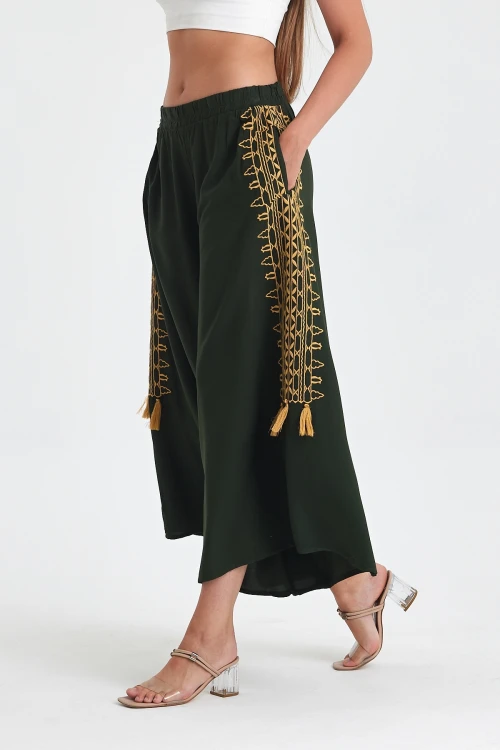 Maxi Boy Haki Nakış İşlemeli Rahat Kalıp Şalvar Pantolon BCVL-25929