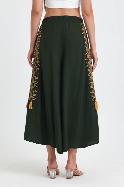 Maxi Boy Haki Nakış İşlemeli Rahat Kalıp Şalvar Pantolon BCVL-25929