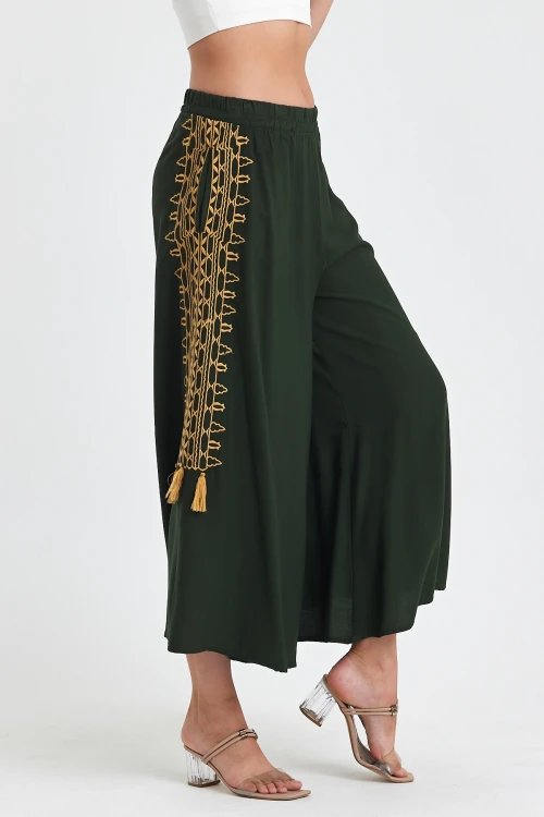 Maxi Boy Haki Nakış İşlemeli Rahat Kalıp Şalvar Pantolon BCVL-25929