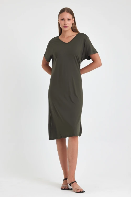 Maxi Boy Haki Örme Viscon Elbise BCVL-25C2