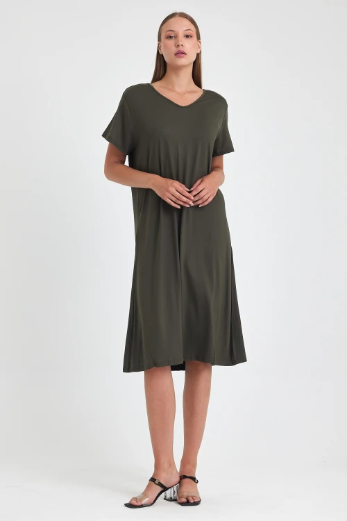 Maxi Boy Haki Örme Viscon Elbise BCVL-25C2