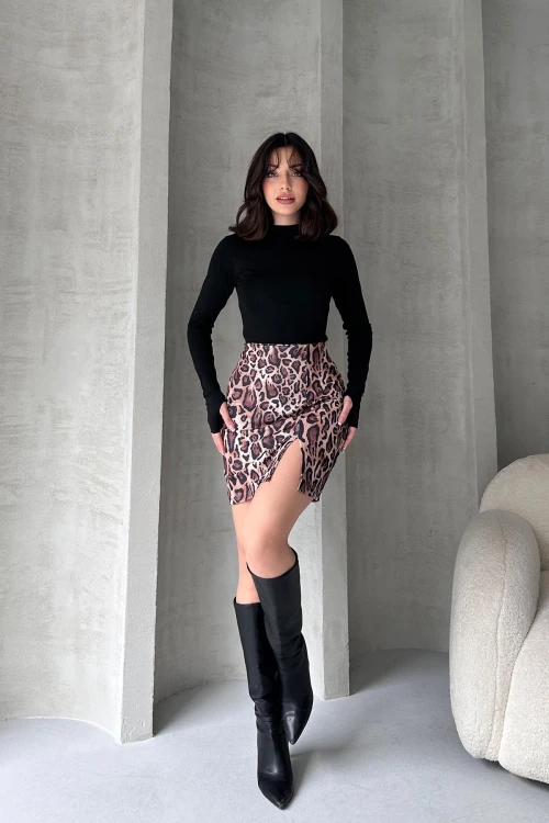 Kahveregi Leopar Desenli Yırtmaçlı Mini Etek BCDF-242144
