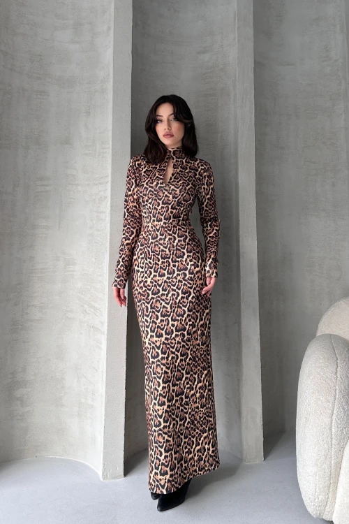Kahverengi Öpücük Yaka Maxi Boy Desenli Elbise BCDF-252148