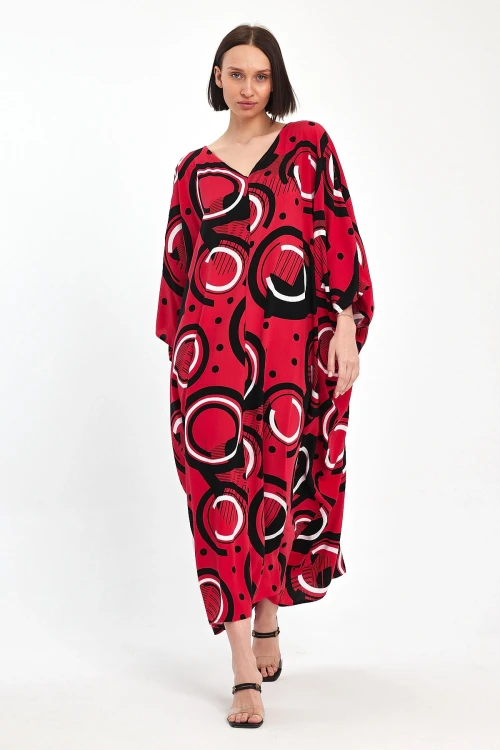 Maxi Boy Kırmızı Baskılı Dokuma Viscon Elbise BCVL-251067