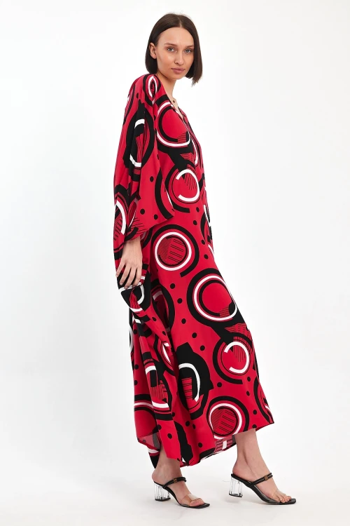 Maxi Boy Kırmızı Baskılı Dokuma Viscon Elbise BCVL-251067