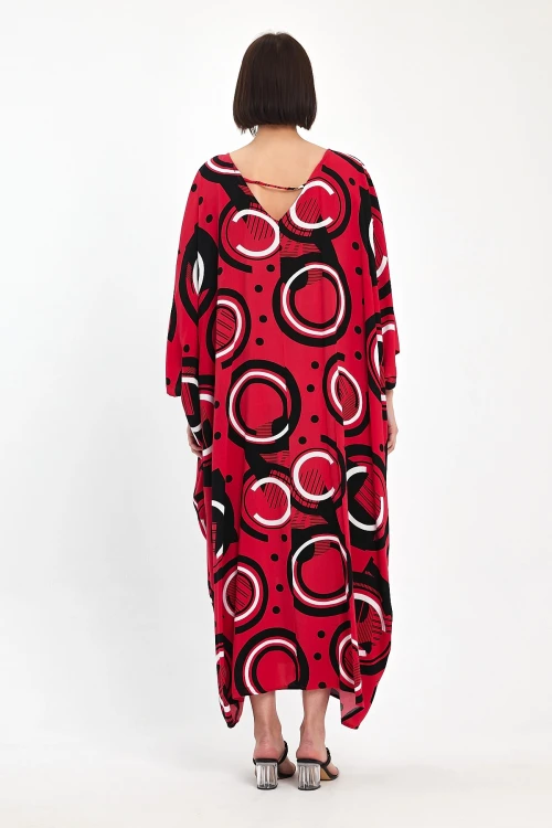 Maxi Boy Kırmızı Baskılı Dokuma Viscon Elbise BCVL-251067