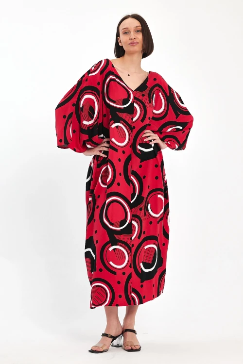 Maxi Boy Kırmızı Baskılı Dokuma Viscon Elbise BCVL-251067