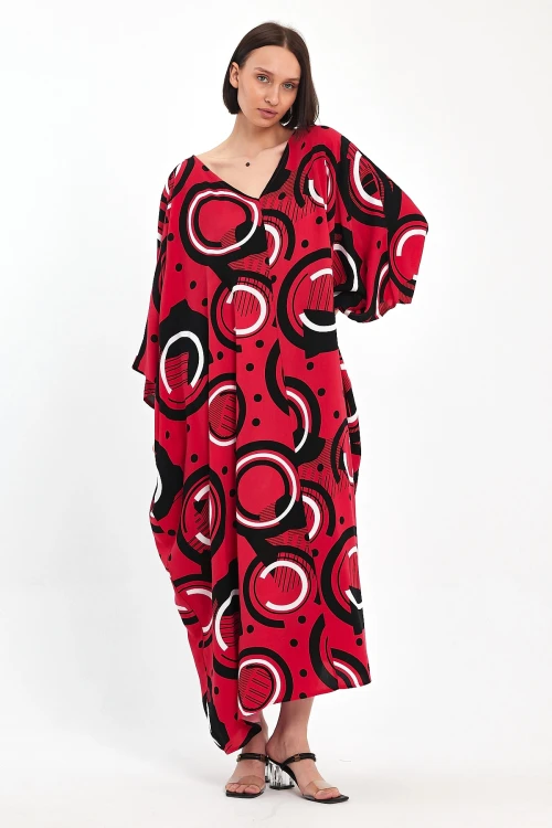 Maxi Boy Kırmızı Baskılı Dokuma Viscon Elbise BCVL-251067