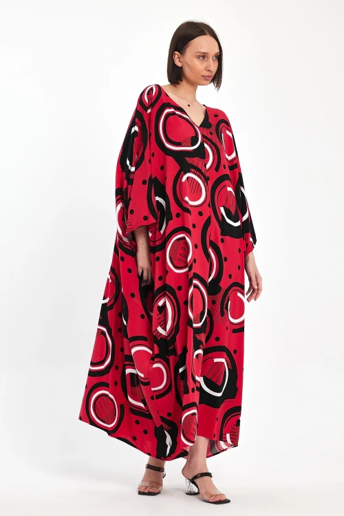 Maxi Boy Kırmızı Baskılı Dokuma Viscon Elbise BCVL-251067