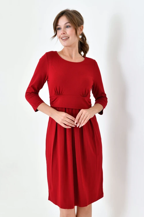 Kırmızı Bisiklet Yaka Pileli Geniş Kesim Hamile Elbisesi BC25PKN20