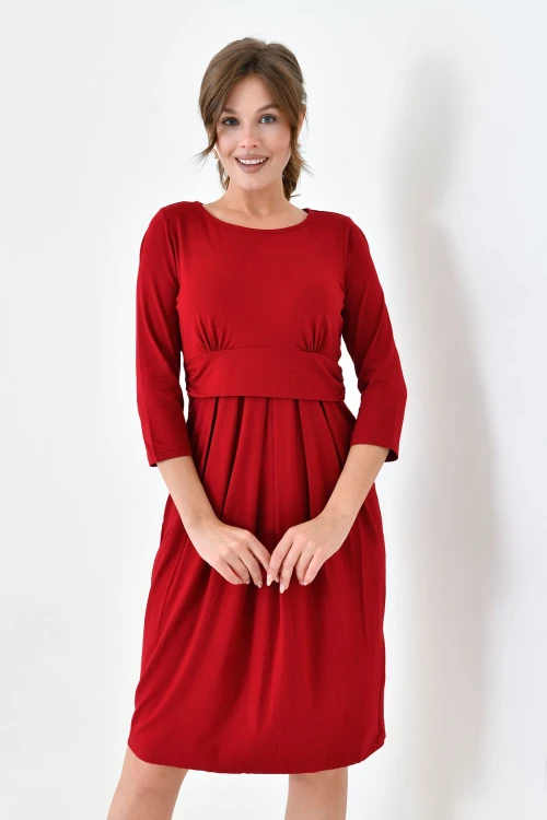 Kırmızı Bisiklet Yaka Pileli Geniş Kesim Hamile Elbisesi BC25PKN20