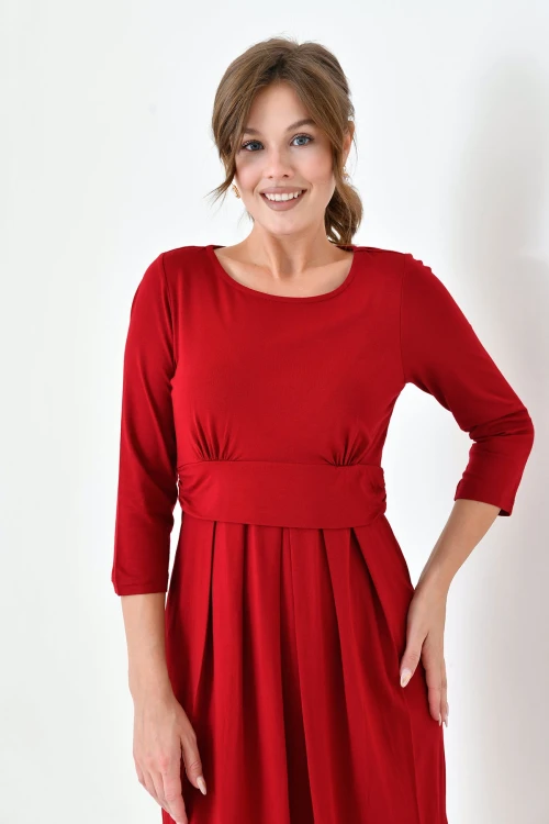 Kırmızı Bisiklet Yaka Pileli Geniş Kesim Hamile Elbisesi BC25PKN20