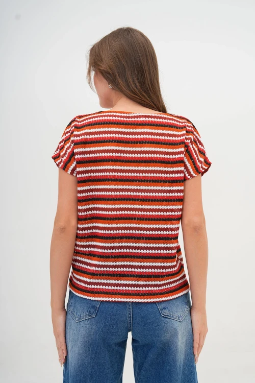 Kırmızı Desenli Çizgili Triko Bluz BC25PKN01