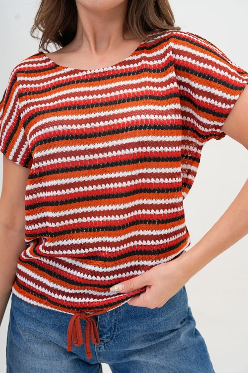 Kırmızı Desenli Çizgili Triko Bluz BC25PKN01