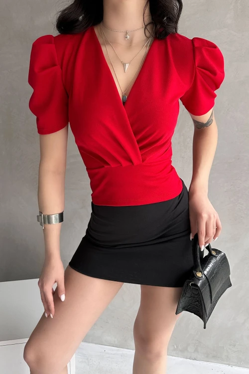 Kırmızı Kruvaze Yaka Karpuz Kol Crep Bluz BCDF-252165