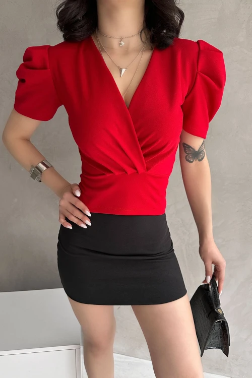 Kırmızı Kruvaze Yaka Karpuz Kol Crep Bluz BCDF-252165
