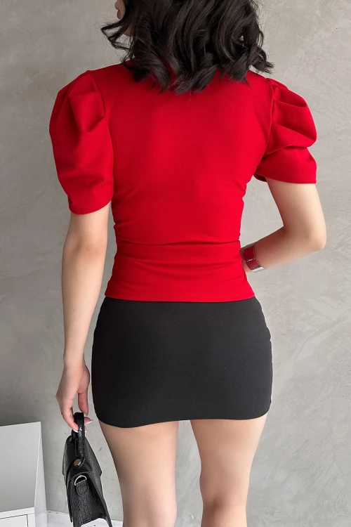 Kırmızı Kruvaze Yaka Karpuz Kol Crep Bluz BCDF-252165