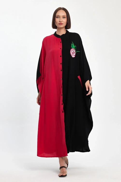 Maxi Boy Kırmızı Nakış İşlemeli Dokuma Viscon Elbise BCVL-25993-1