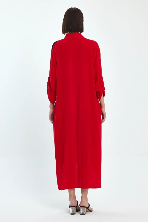 Maxi Boy Kırmızı Nakış İşlemeli Dokuma Viscon Elbise BCVL-25991