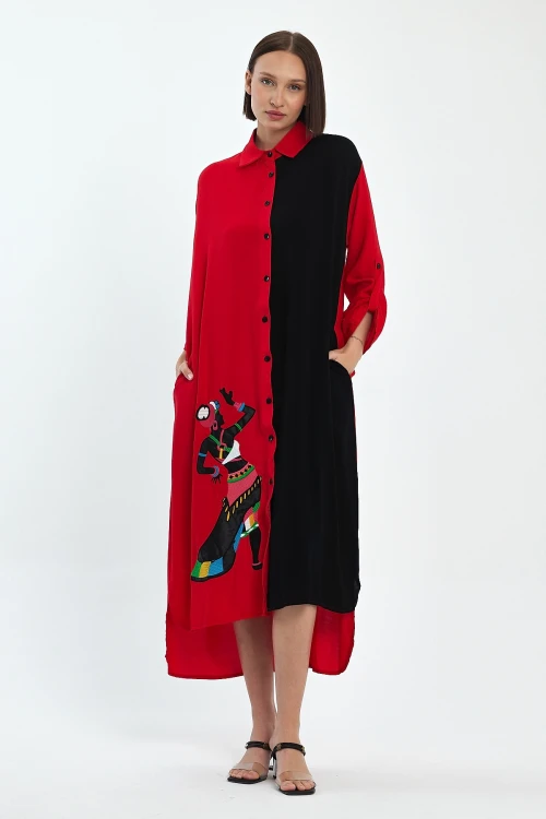 Maxi Boy Kırmızı Nakış İşlemeli Dokuma Viscon Elbise BCVL-25991