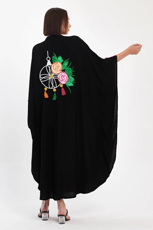 Maxi Boy Kırmızı Nakış İşlemeli Dokuma Viscon Elbise BCVL-25993-1