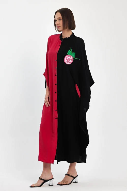 Maxi Boy Kırmızı Nakış İşlemeli Dokuma Viscon Elbise BCVL-25993-1