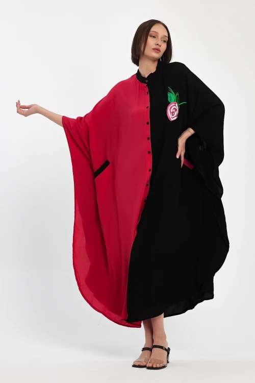 Maxi Boy Kırmızı Nakış İşlemeli Dokuma Viscon Elbise BCVL-25993-1