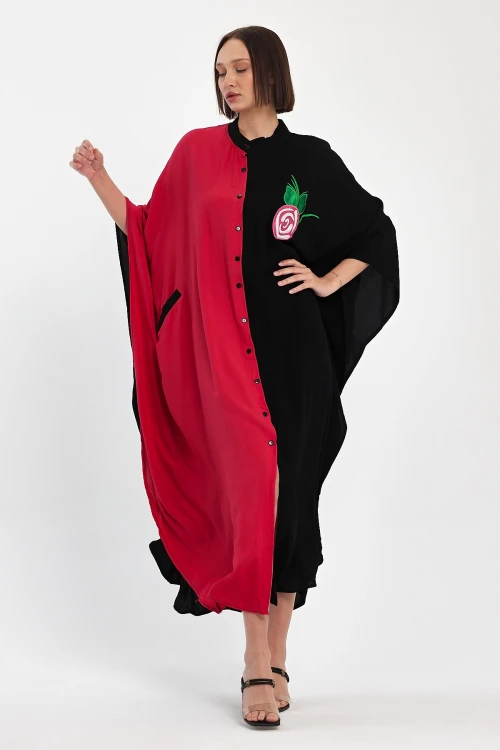 Maxi Boy Kırmızı Nakış İşlemeli Dokuma Viscon Elbise BCVL-25993-1