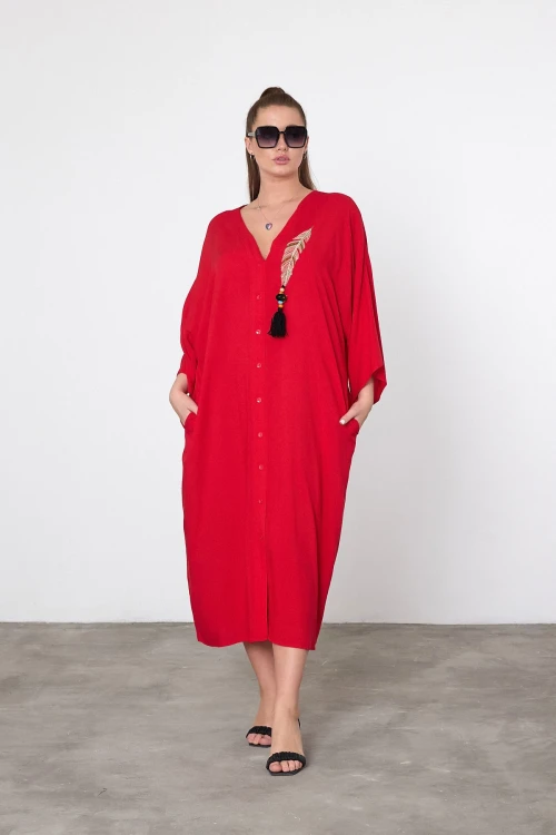 Maxi Boy Kırmızı Nakış İşlemeli Dokuma Viscon Elbise BCVL-25V039