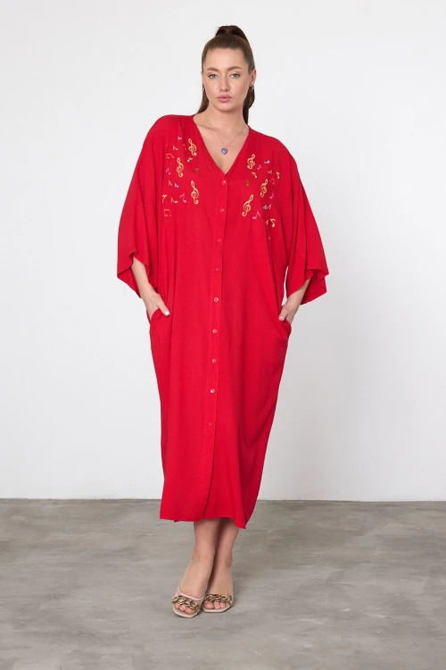 Maxi Boy Kırmızı Nakış İşlemeli Dokuma Viscon Elbise BCVL-25V040