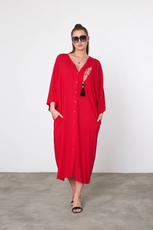 Maxi Boy Kırmızı Nakış İşlemeli Dokuma Viscon Elbise BCVL-25V039