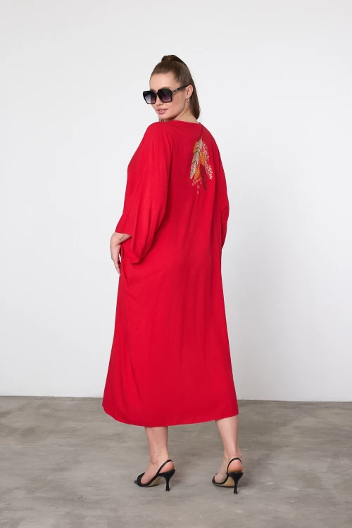 Maxi Boy Kırmızı Nakış İşlemeli Dokuma Viscon Elbise BCVL-25V039