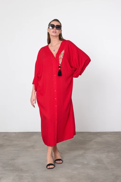 Maxi Boy Kırmızı Nakış İşlemeli Dokuma Viscon Elbise BCVL-25V039