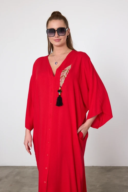 Maxi Boy Kırmızı Nakış İşlemeli Dokuma Viscon Elbise BCVL-25V039
